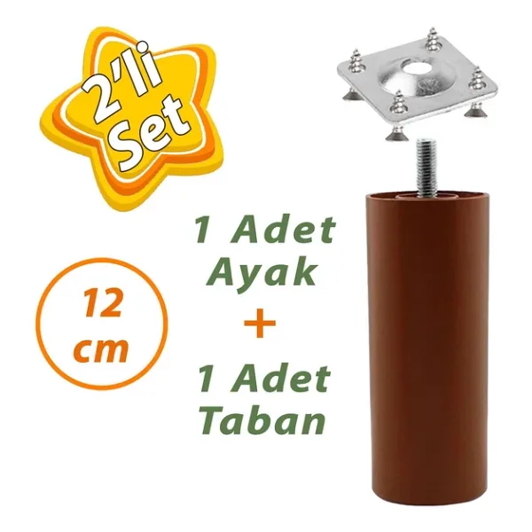 Destek Ayağı 12 Cm Kahverengi Ve Metal Düz Ayak Tabanı M8 Civatalı İnce Diş Mobilya Kanepe Baza Seti