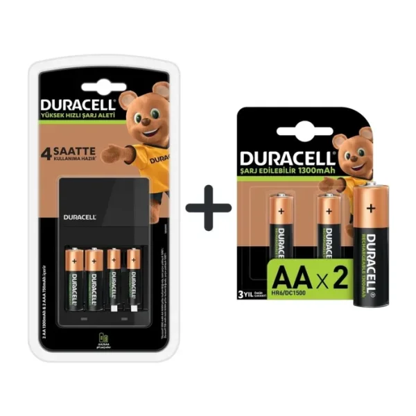 Duracell Cef 14 Şarj Aleti + 2 Adet Aa ve Aaa Pil Duracell 4 Saat Şarj Cihazı 1 Adet + Duracell Şarj Edilebilir Aa 1300 Mah Piller 2'li Paket