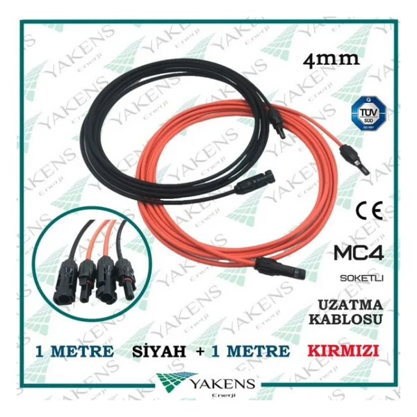 Güneş Paneli Uzatma Kablosu 4mm (1m+1m) Çift Taraflı Mc4 Soketli Solar Ara Kablo Siyah Kırmızı