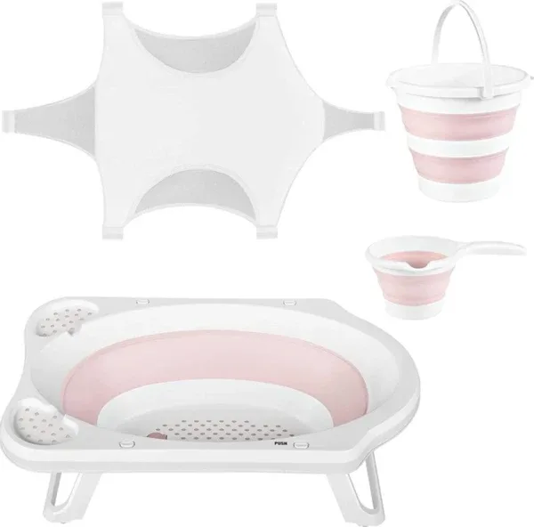 HOBBY LİFE Katlanır Bebek Yıkama Banyo Seti 4 Parça / Küvet, Kova, Maşrapa, Pamuklu File