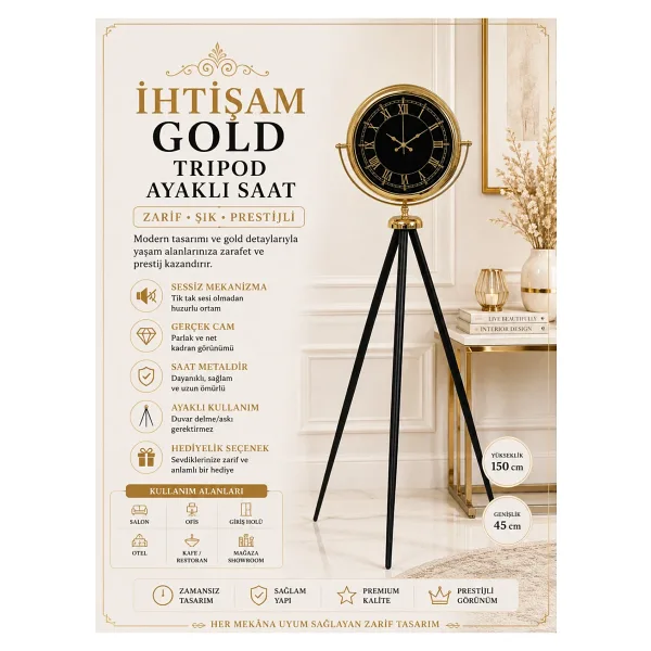İhtişam Gold Tripod Ayaklı Saat