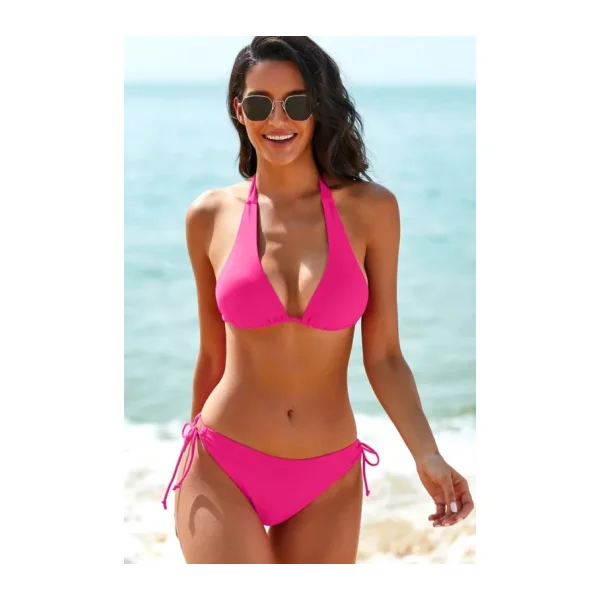 Kadın Beyaz Belden, Boyundan Bağlamalı ve Ayarlanabilir Külotlu Üçgen Bikini Mayo Takımı