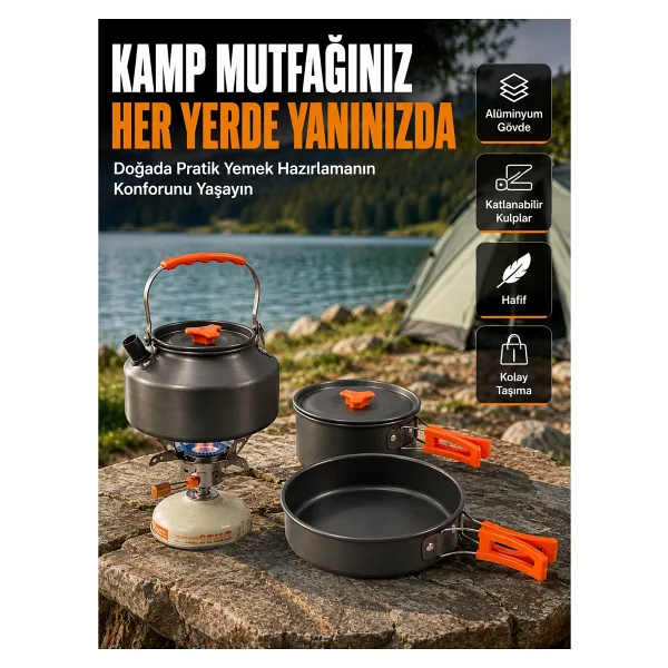 Katlanabilir Kulplu Alüminyum Kamp Tencere Tava Çaydanlık Seti Piknik Ve Doğa Kampı İçin