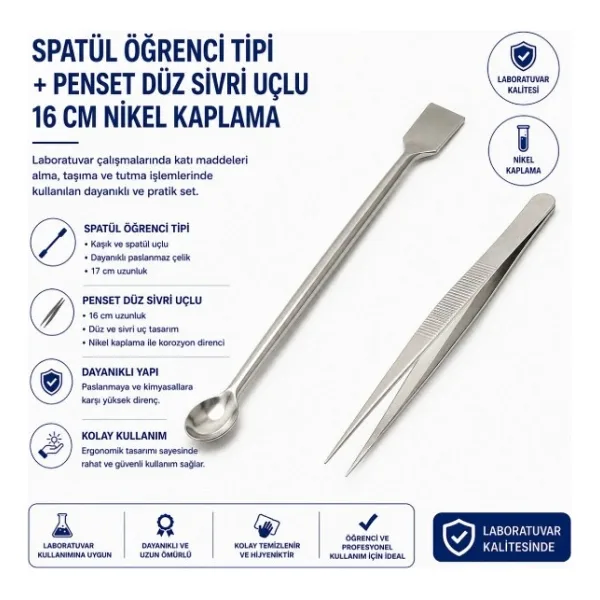 Labolist Spatül Öğrenci Tipi + Penset Düz Sivri Uçlu 16 Cm Nikel Kaplama