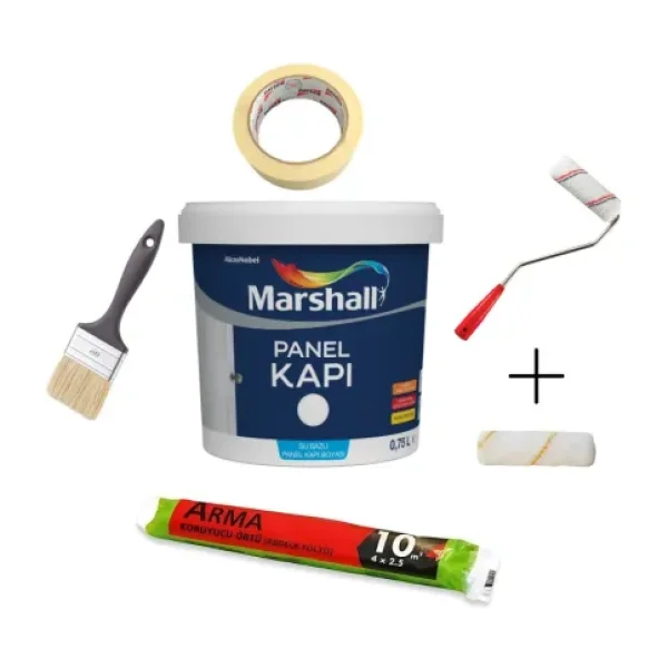 Marshall Su Bazlı Panel Kapı Boyası 1 Lt ve Ekipmanları - Beyaz - 1l