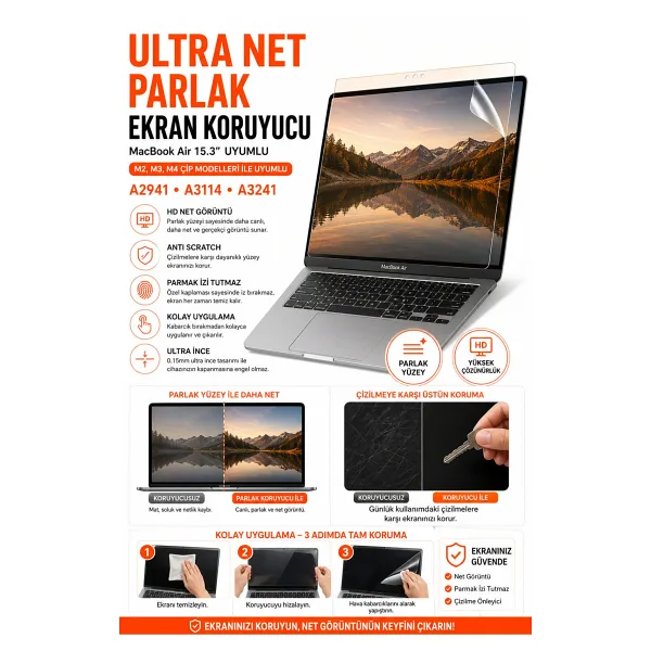 Mcstorey Macbook Air 15.3inç M2-m3-m4 Ekran Koruyucu Parlak Anti Scratch A2941 A3114 A3241 Ile Uyumlu
