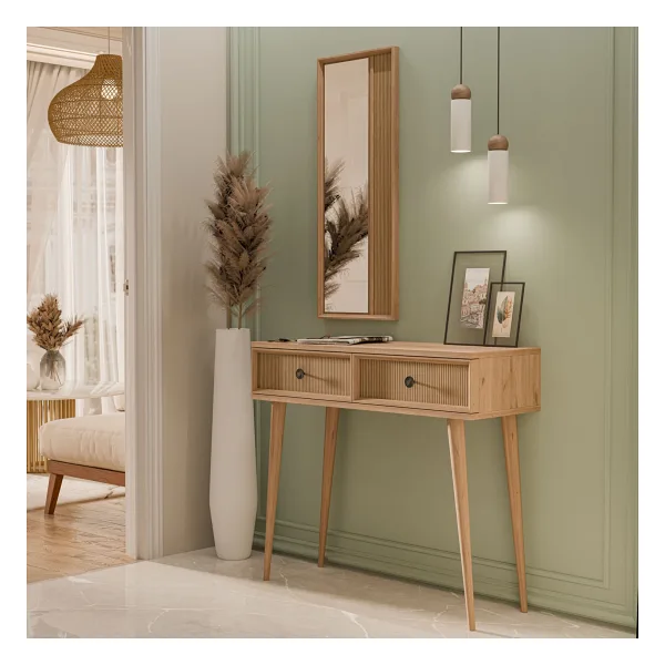 Mezza 6024 Luna (ahşap Ayakli) Mdf Profil Çerçeveli 2 Çekmeceli Aynali Dresuar Sepet-yunus Meşe