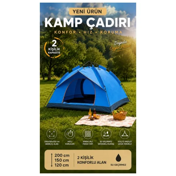 MO DOU Çadır Tam Otomatik Kamp Çadırı 2 Kişilik 200x150 cm 3 Saniyede Kurulum Su Geçirmez Geniş Çadır Outdoor