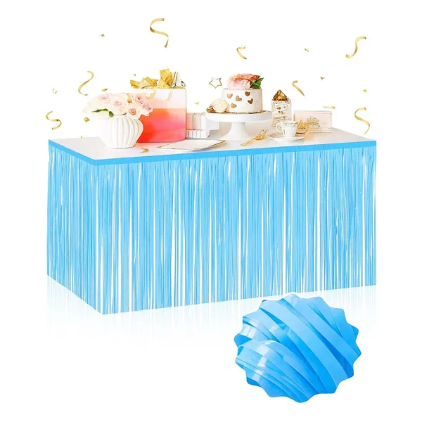 Nessiworld Kendinden Yapışkanlı Makaron Mavi Püsküllü Masa Eteği - 75 x 275 cm Parti Süslemesi