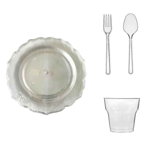 Omeyva 26 Cm. Plastik Mika Şeffaf Sorfa Piknik Seti - 6 Kişilik Tabak Bardak Çatal Kaşık Takımı