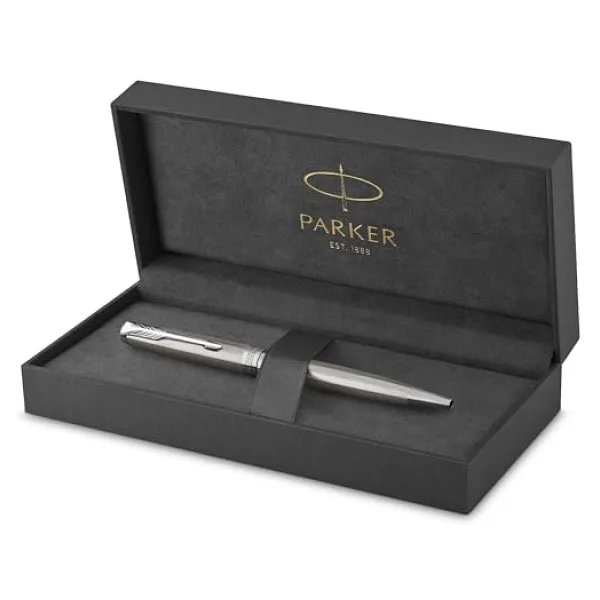 Parker Sonnet Paslanmaz Çelik Krom Tasarımlı Tükenmez Kalem, Orta Kalınlıkta Uç, Mavi Mürekkep