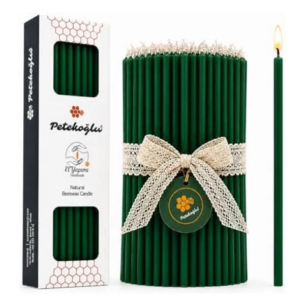 Petekoğlu (40 Adet Yeşil) Balmumu Mum Dilek Mumu Doğal Petek Ince Uzun Parti Rituel Doğum Günü Mumu Beeswax Candle