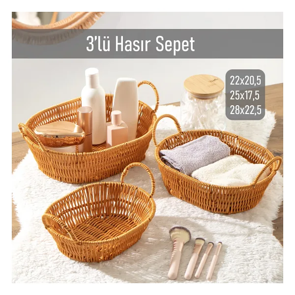 Porsima Oval 3'lü Dekoratif Ev Banyo Mutfak Düzenleyici Hasır Sepet Seti Ekmeklik Takımı