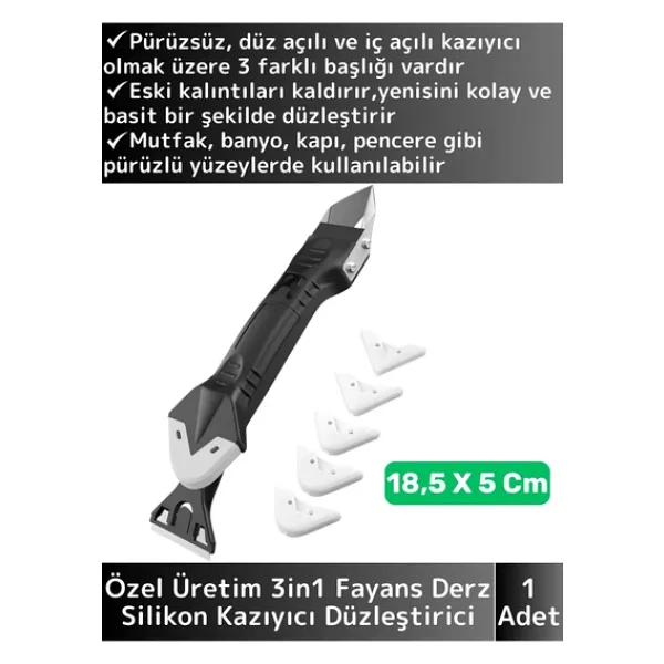Premium Yüksek Kaliteli Kompakt 3in1 5 Silikon Başlıklı Fayans Derz Silikon Kazıyıcı Uygulayıcı