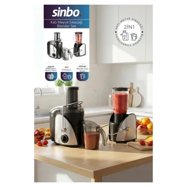 Sinbo Katı Meyve Sıkacağı Blender Seti 600 W 1250 ml Cam Sürahi ile 2in1 Fonksiyon
