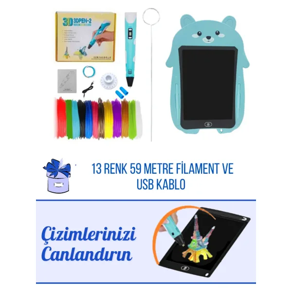 SolinpaTech MAVİ 3d Kalem 3d Pen Yazıcı Kalem 59 Metre Pla Filament Grafik Tablet Usb Kablo