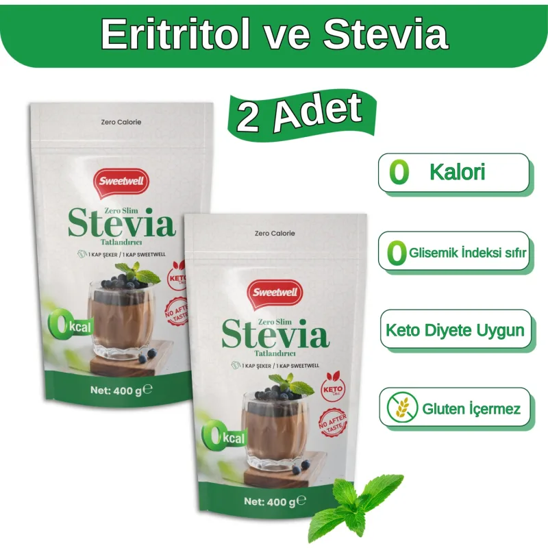 Sweetwell Zero Slim Stevia & Eritritol Tatlandırıcı 400 gr x 2 Adet - Şekersiz, 0 Kalori, Keto ve Vegan Uyumlu