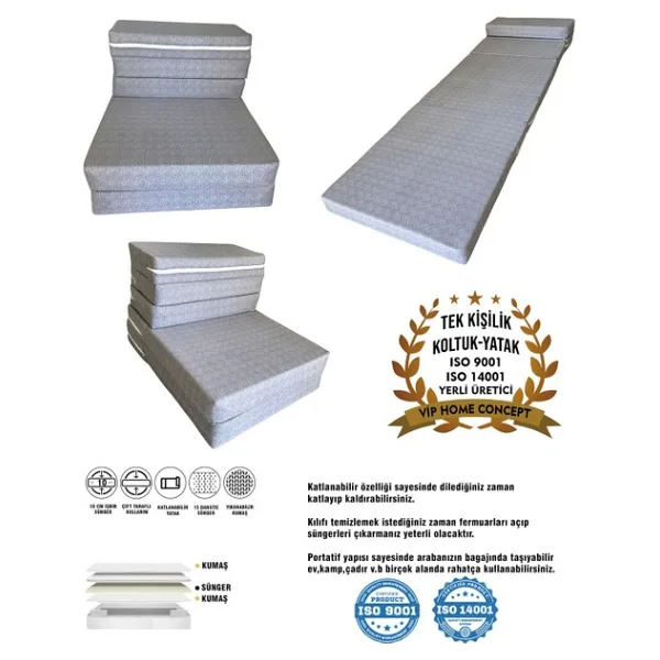 Tek Kişilik Katlanır Koltuk Katlanır Yatak Kanepe Yer Yatağı Tek Kişilik GRİ-65X160X10 cm - Çok Renkli - 65 x 170 cm