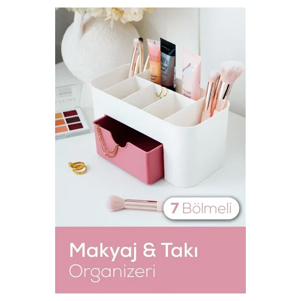 Vienev 7 Bölmeli Çekmeceli Makyaj Takı Organizeri - Masaüstü Düzenleyici Pembe