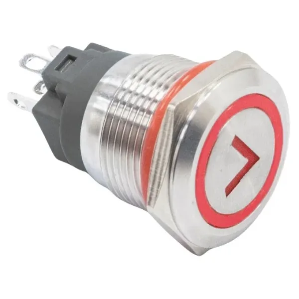 WD19A-P1-ET 19mm Düz Yaylı Işıklı Ok İşaretli Metal Buton - Kırmızı
