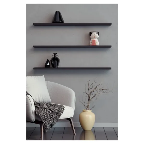 Yankı - BYEG 80 Cm 3lü Mat Siyah Mdf Uçan Duvar Rafı Gizli Bağlantı Kitaplık