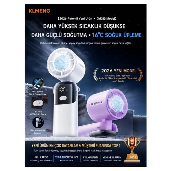 Azurtech Buz Soğutma Plakalı Taşınabilir Fan - Anında Serinlik Sağlayan, Dijital Ekranlı ve 100 Kademeli Ayarlanabilir El Fanı - Çok Renkli