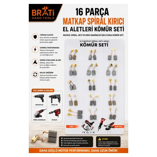 BRATİ HAND TOOLS 16 Parça Matkap Spiral Kırıcı El Aletleri Kömürü Makine Kömür Seti