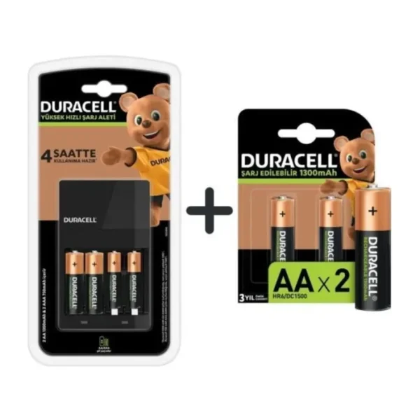 Duracell Cef 14 Şarj Aleti + 2'şer Adet Aa ve Aaa Pil ( 4 Saat Şarj Cihazı, 1 Adet) + AA 1300 mAh Piller, 2 Li Paket