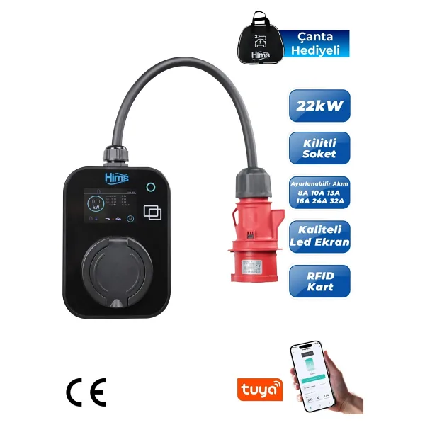 Hims 22KW Kilitli Soketli Siyah Taşınabilir Araç Şarj Istasyonu Hcts-22-S