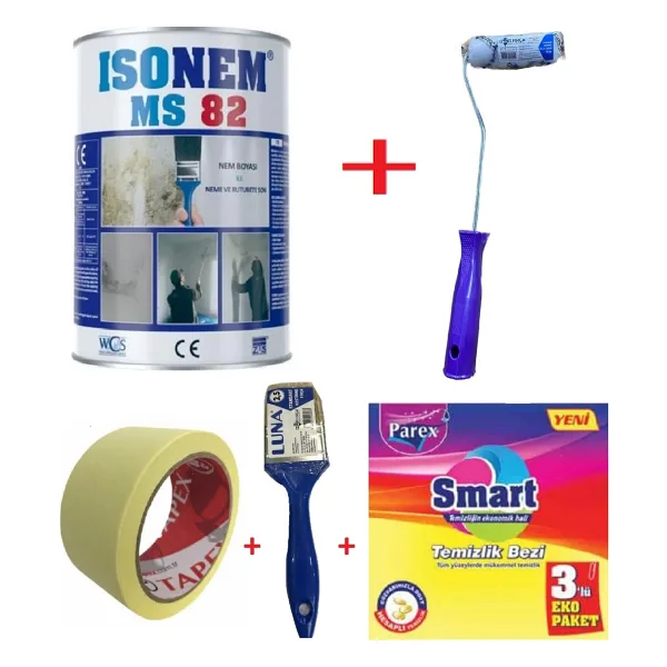İsonem Ms 82 Nem ve Rutubet Küf Boyası + Izmir Fırça Epoksi Rulo 10 cm + 2.5 No Fırça + 3 cm Maskeleme Bandı + Temizlik Bezi - 1 Kg