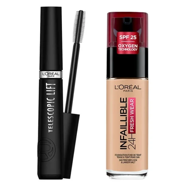 L'Oreal Paris Telescopic Lift Maskara + Infaillible 32H Fresh Wear C Vitaminli Fondöten - 125 Natural Beige