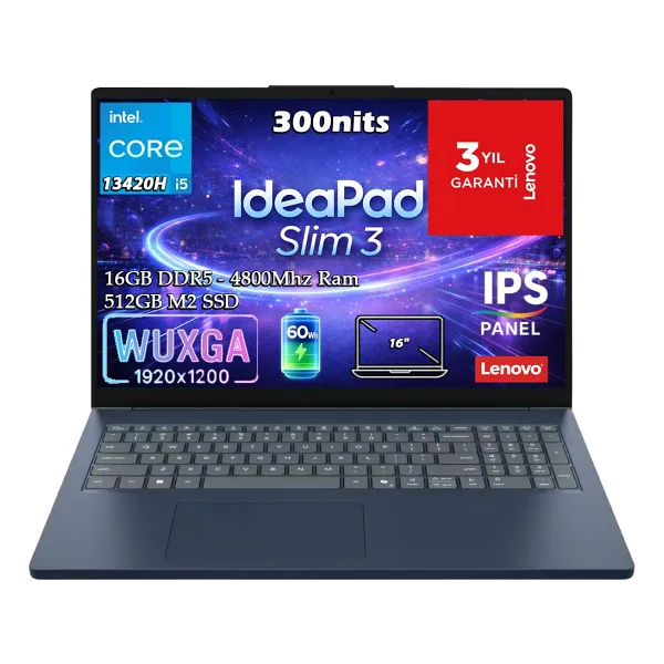 Lenovo IdeaPad Slim 3 16IRH10 83K20009TR i5-13420H 16 GB 512 GB SSD UHD Graphics 16" WUXGA Notebook