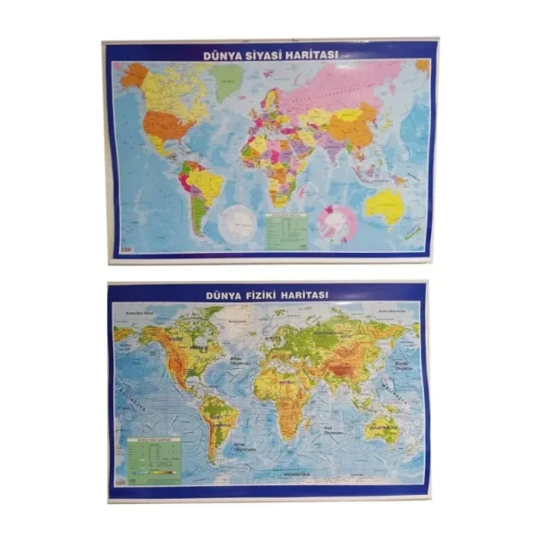 Lrs Store Dünya Haritası Siyasi ve Fİziki Çift Taraflı Çıtalı 70x100 cm Eğitici Harita, Çok Renkli