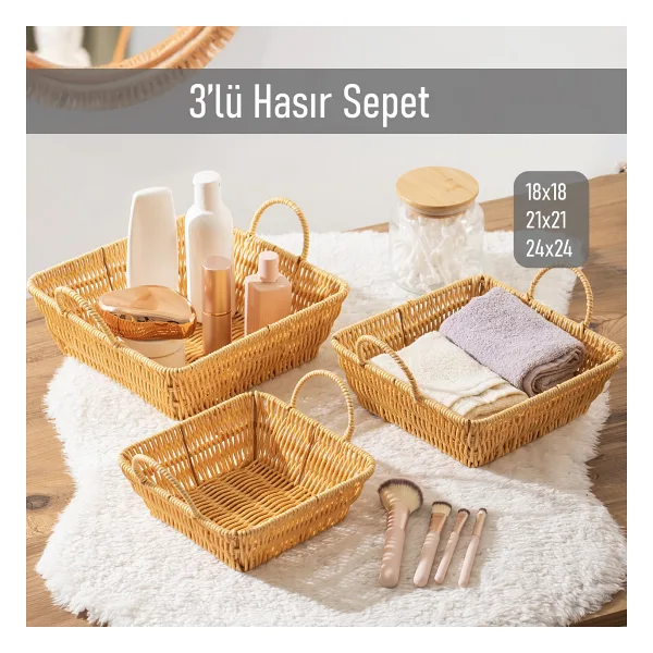 Porsima Kare 3'lü Dekoratif Ev Banyo Mutfak Düzenleyici Hasır Sepet Seti Ekmeklik Takımı