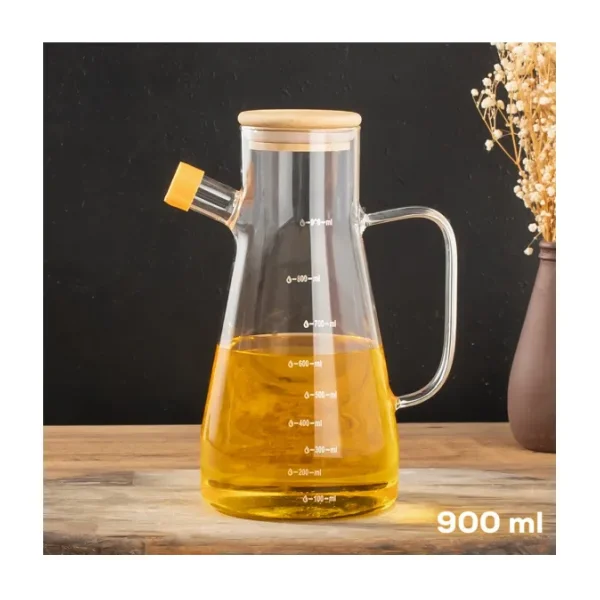 Porsima LM-0034 Olivia Bambu Kapaklı Borosilikat Ölçekli Cam Yağlık Silikon Tabanlı Dereceli Yağdanlık 900 ml
