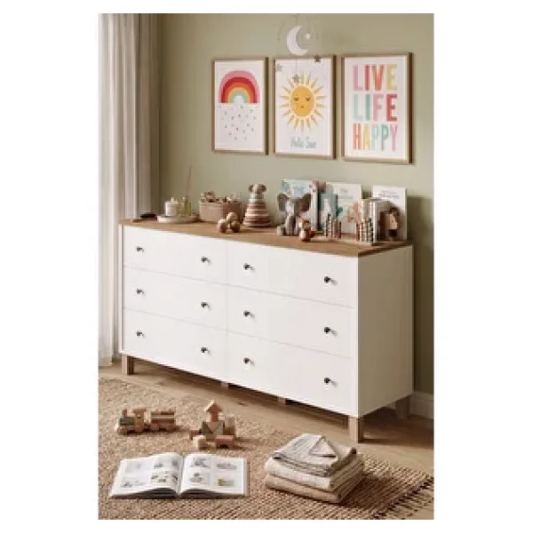 Robin Home Lena Bebek Çocuk Odası Geniş Şifonyer 6 Çekmeceli Ahşap Ayaklı Sepet-Beyaz
