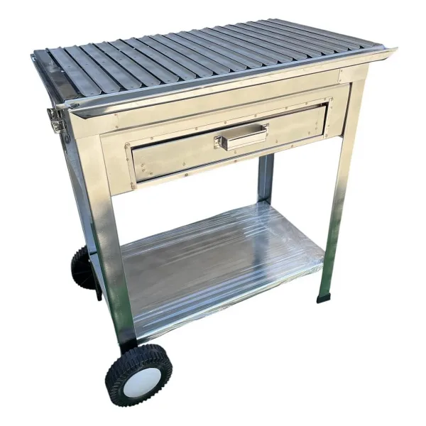 Topsöken Paslanmaz Kömürlü Mangal 35 x 60 cm Çekmeceli Tekerlekli Barbekü
