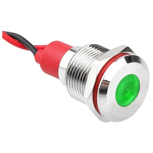 WD12L-P2 12mm 12-24V Kablolu Metal Sinyal Lambası - Yeşil