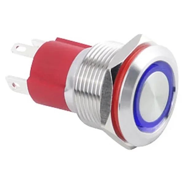 WD19D-P1-E 19mm Düz Yaylı Işıklı Metal Buton - Mavi