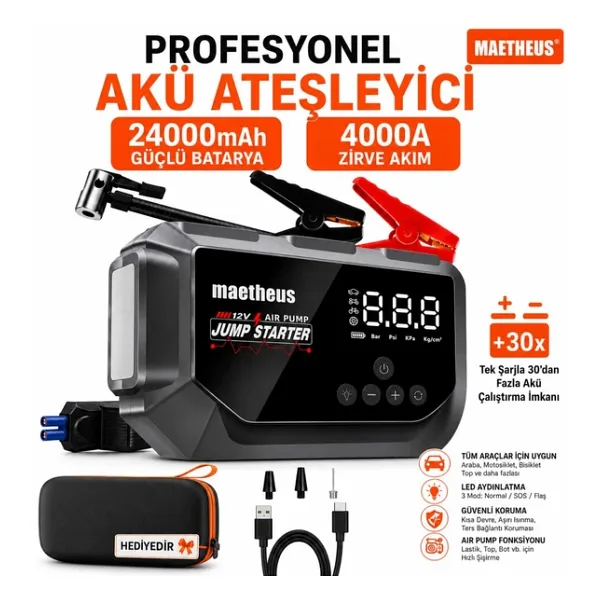 24000 Mah 4İn1 Akü Takviye Cihazı 150 Psı Kompresör Lastik Şişirme Powerbank Eva Çanta 4000A Tepe Akım