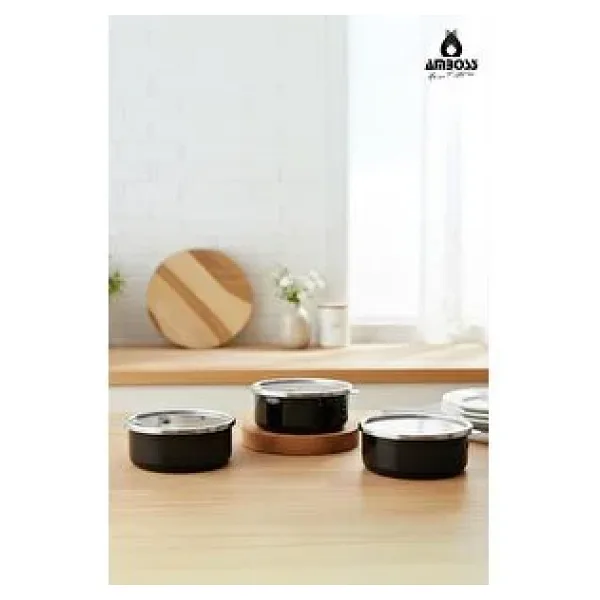 Amboss 6 Parça Crispella 14-16-18 Cm Emaye Saklama Kabı Seti - Siyah