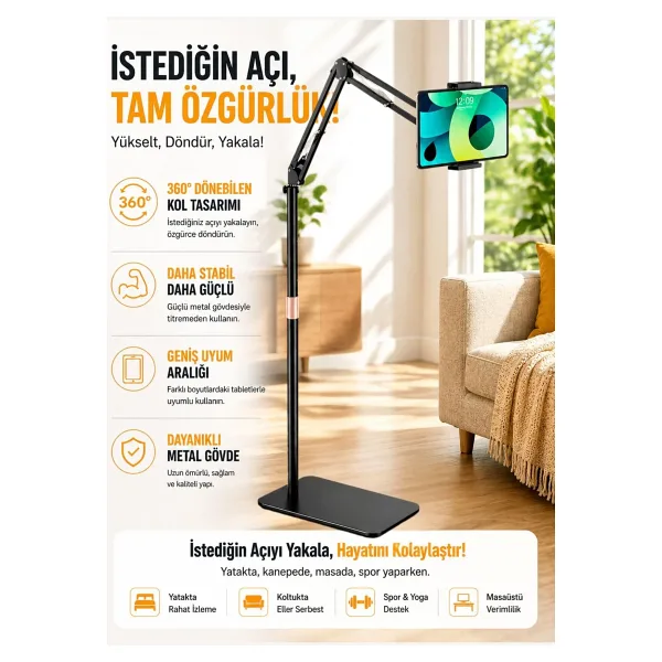 Asfal Metal Ayaklı Flexible Tablet ve Telefon Tutucu Stand Katlanabilir 155 cm Metal Tablet Standı Tripod