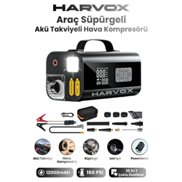 Bagajon Harvox Jump Starter Akü Takviye Cihazı 10 in 1 Powerbank, Hava Kompresörü, LCD EKRAN,12.000MAH