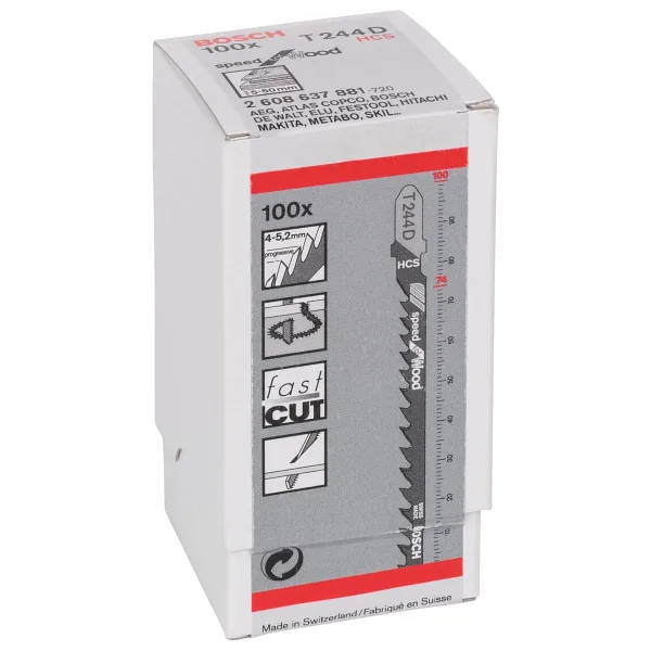 Bosch Professional 100 x Stichsageblatt T 244 D Speed for Wood (für weiches Holz, Kurvenschnitt, Zubehör Stichsage)