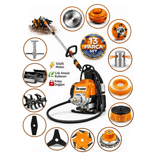 Dragro German Drg-13 + Sırt Tipi Benzinli Ot Çalı Çim Biçme Tırpanı + Full Set Hediyeli