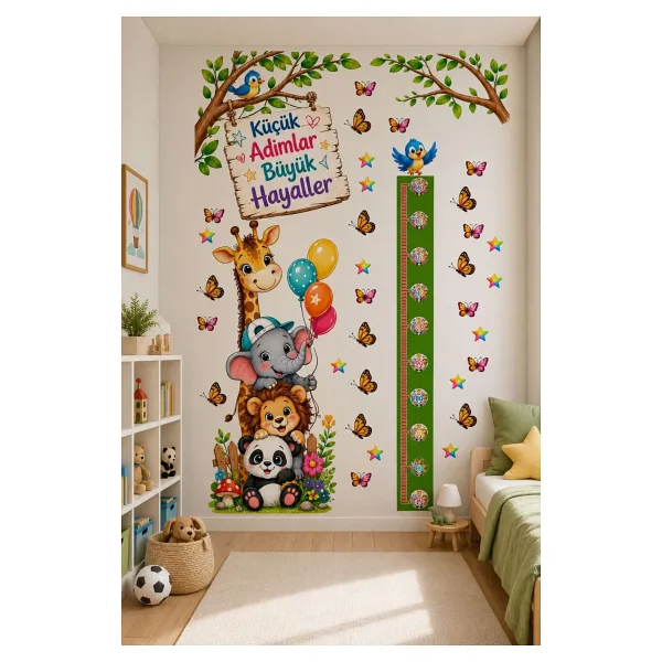 Göktuğ Hediyelik Sevimli Hayvanlar Temalı Boy Ölçer Duvar Sticker Seti Çocuk Odası Duvar Sticker Seti