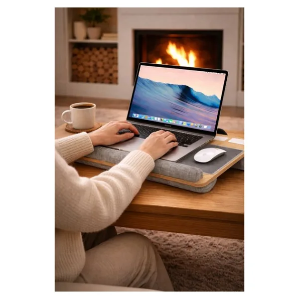 Hodbehod Portatif Laptop Sehpası Tablet Bölmeli Yastıklı Notebook Masası - Y: 24 cm D: 35 cm G: 55 cm - Meşe