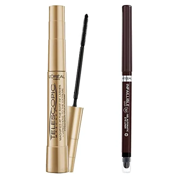 L'Oreal Paris Telescopic Maskara - Siyah + Infaillible Automatic Jel Göz Kalemi - Kahverengi Makyaj Seti