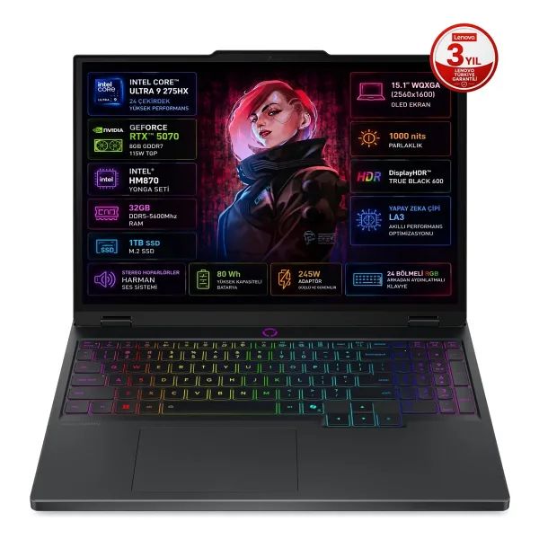 Lenovo Legion 5 15IAX10 83F00024TR Ultra 9 275HX 32 GB 1 TB SSD RTX5070 15.1" WQXGA Gaming Laptop