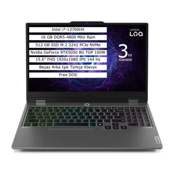 Lenovo LOQ 15IRX10 83JE00KMTR i7-13700HX 16 GB 512 GB SSD RTX5050 15.6" Full HD Gaming Laptop